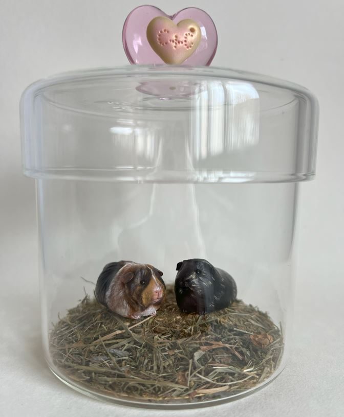 Zwei Miniatur Meerschweinchen Figuren in einem Glasbehälter mit Herzgriff